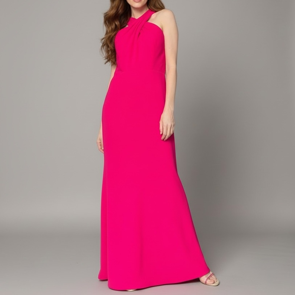 JS Collections Hot Pink Halter Evening Gown Sz 6 Open Back Formal Maxi Dress New